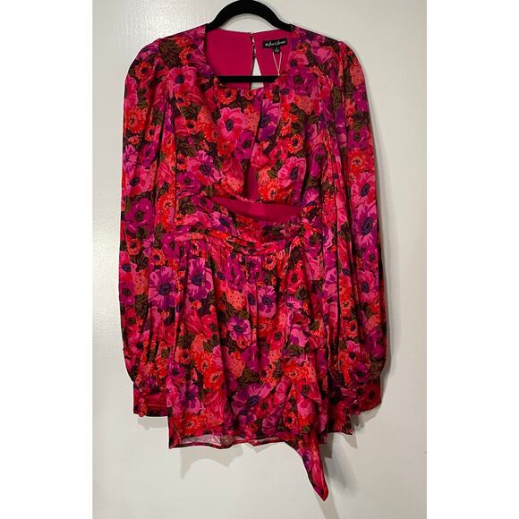 For Love & Lemons Lauren Long Sleeve Mini Dress Red Pink Florals Size XS NWT - Picture 2 of 14